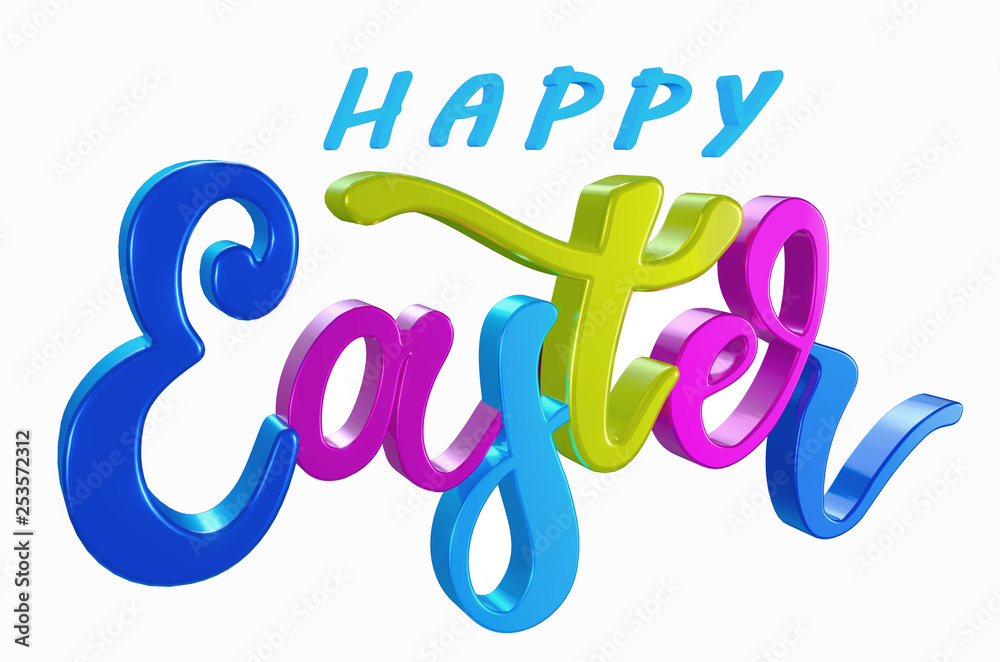 3d illustration Happy Easter in blue, purple light blue and yellow color