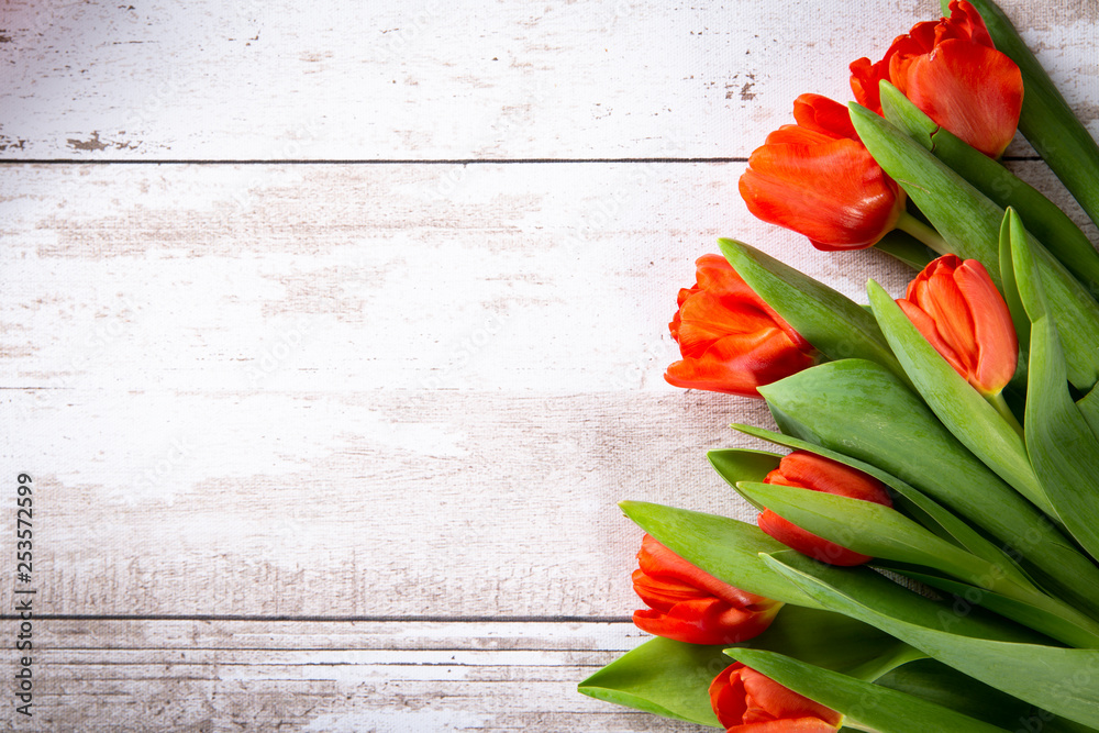 Fototapeta premium Kolorowe tulipany na drewnianym tle