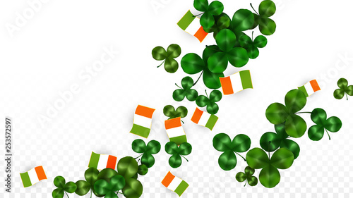 Vector Clover Leaf  and Ireland Flag Isolated on Transparent Background. St. Patrick's Day Illustration. Ireland's Lucky Shamrock Poster. Invitation for Irish Concert in Pub. Tourism in Ireland.