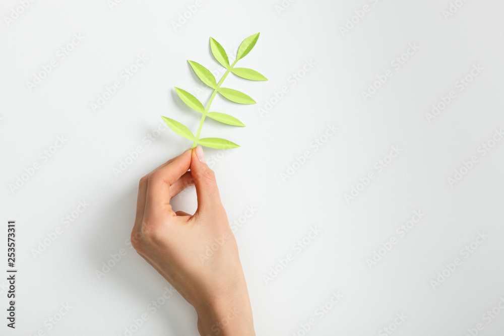 cropped view of woman putting green paper plant with leaves on grey background cropped view of woman putting green paper plant with leaves on grey background