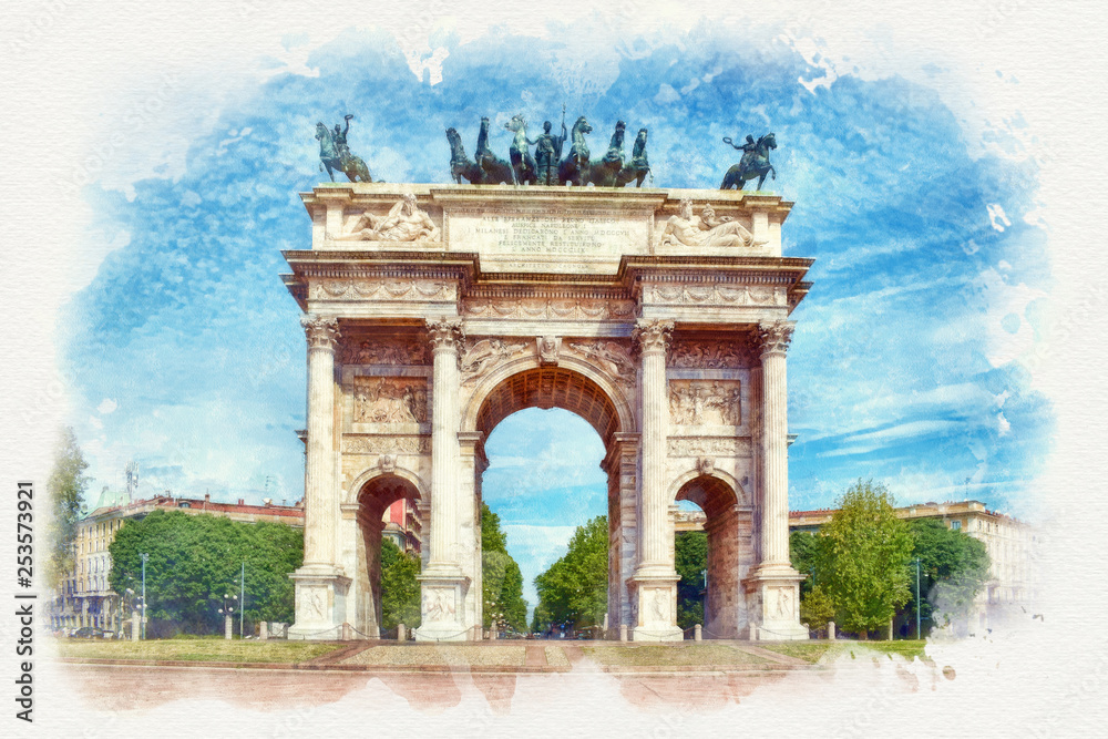 Obraz premium Arch of Peace in Sempione Park watercolor painting, Milan, Italy