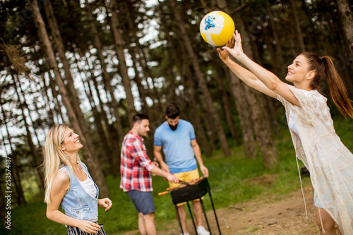 Young women playing volleyb...