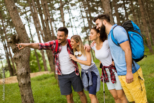 Group of four friends hikin...