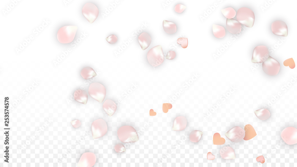 Vector Realistic Petals and Hearts Confetti. Flying Sakura and Hearts on Transparent Background. Wedding Invitation Background. Spring Romance Poster. Vector Illustration for Anniversary Design. Vector Realistic Petals and Hearts Confetti. Flying Sakura and Hearts on Transparent Background. Wedding Invitation Background. Spring Romance Poster. Vector Illustration for Anniversary Design.