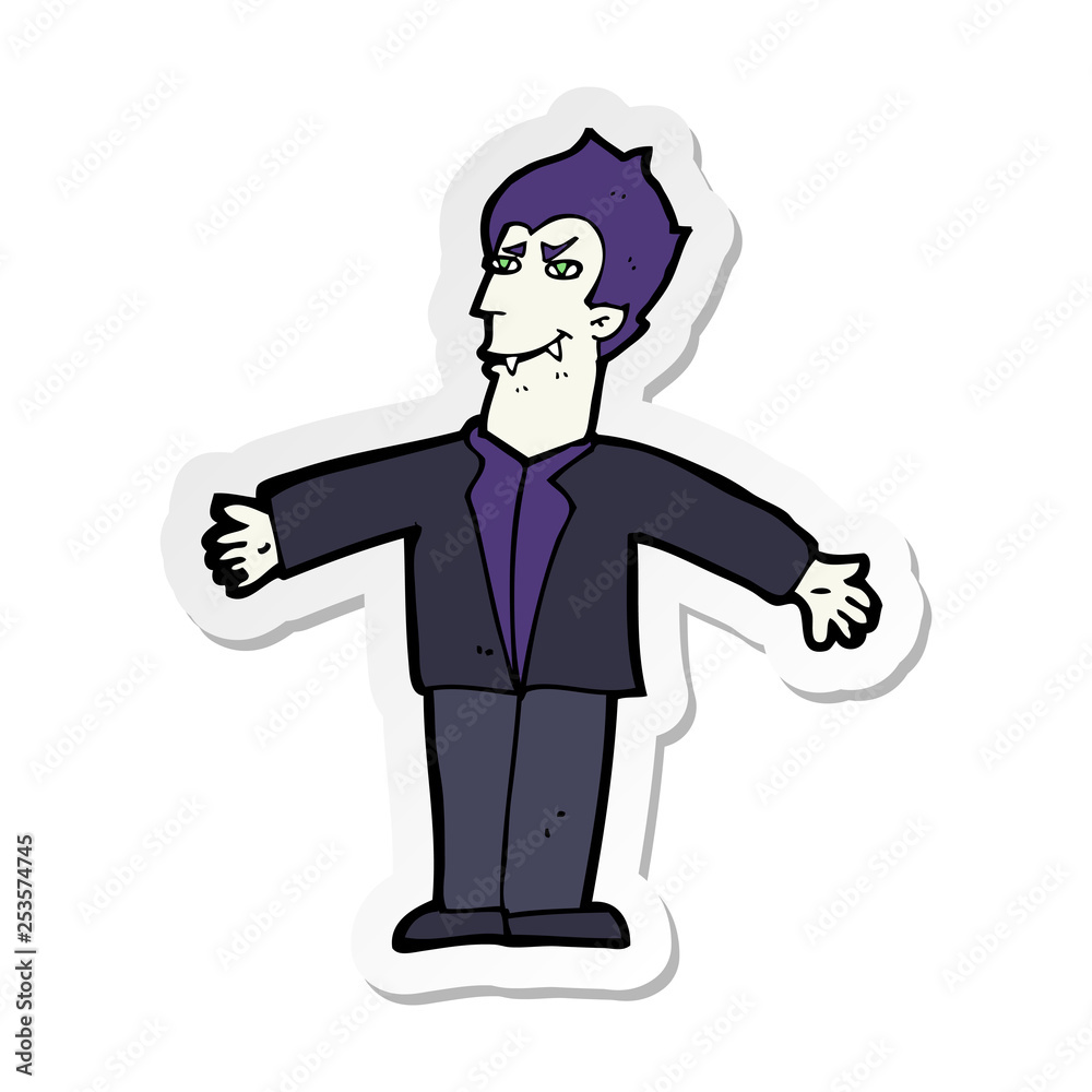 sticker of a cartoon vampire man with open arms
