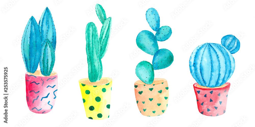 Obraz watercolor set of cacti in flower pots on a white background