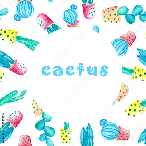watercolor pattern of cacti in flower pots