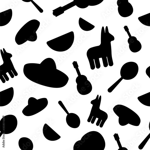 Cinco de Mayo Seamless Pattern for festival in Mexico, flat style. T-shirt print of colorful symbols for Mexican parade with maracas, pinata, fruits, sombrero and guitar