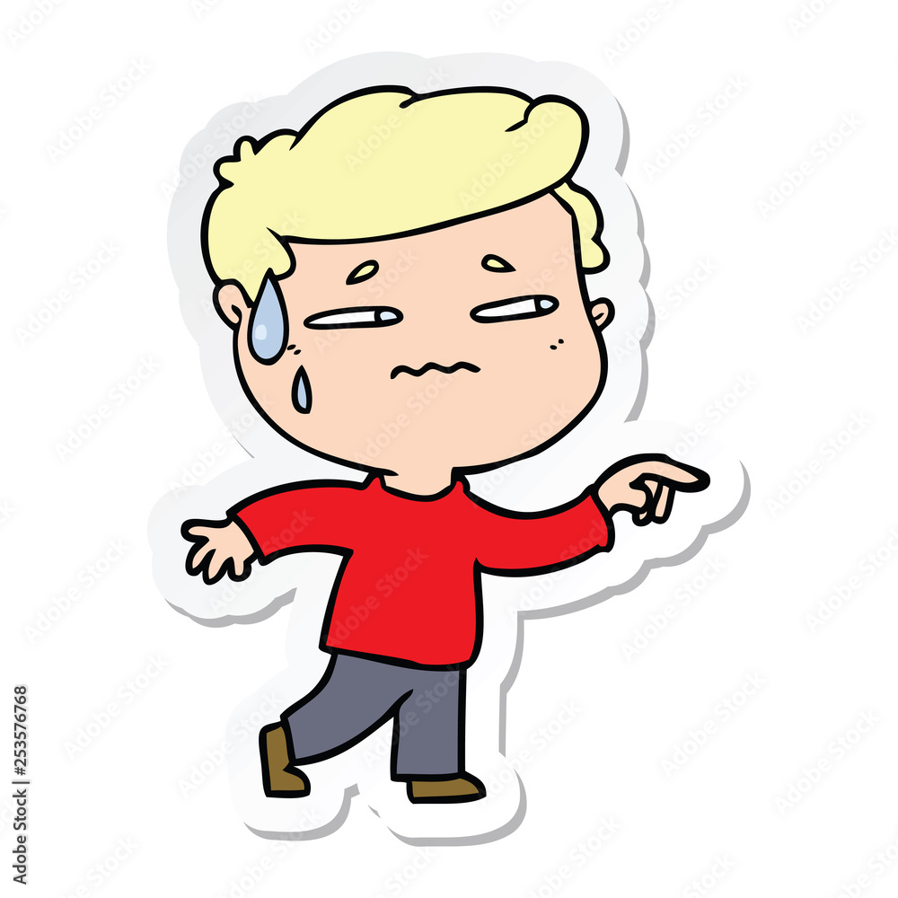 sticker of a cartoon anxious man pointing