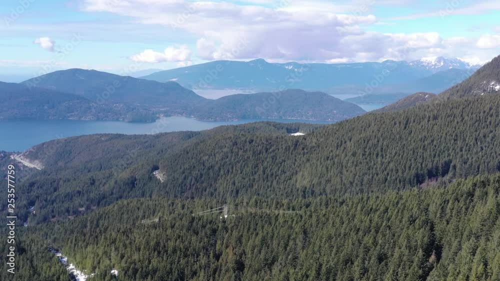 Aerial view at Forest in Winter with Mountains and Ocean Background in British Columbia, Canada. 4K.
