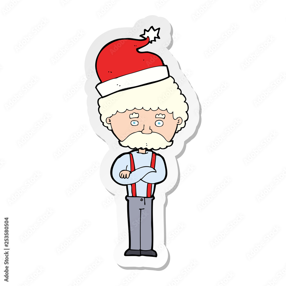 sticker of a cartoon old man in christmas hat sticker of a cartoon old man in christmas hat