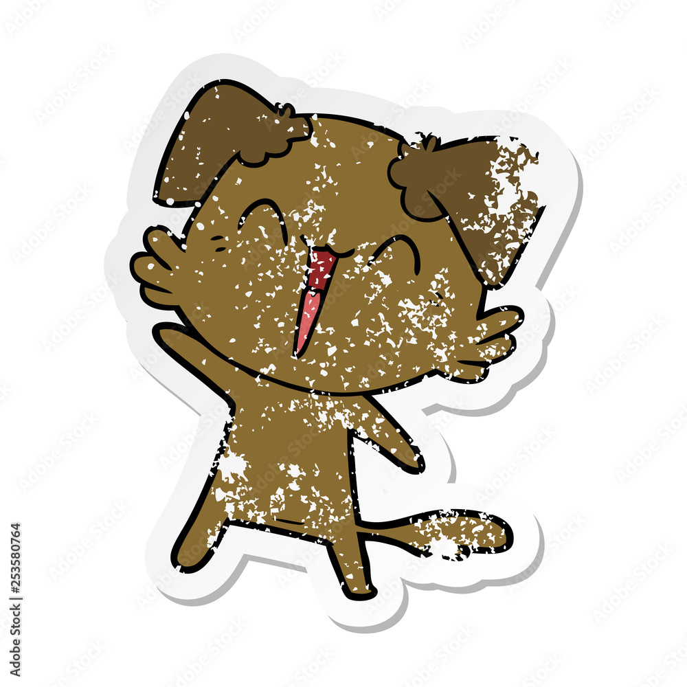 distressed sticker of a happy little dog cartoon distressed sticker of a happy little dog cartoon