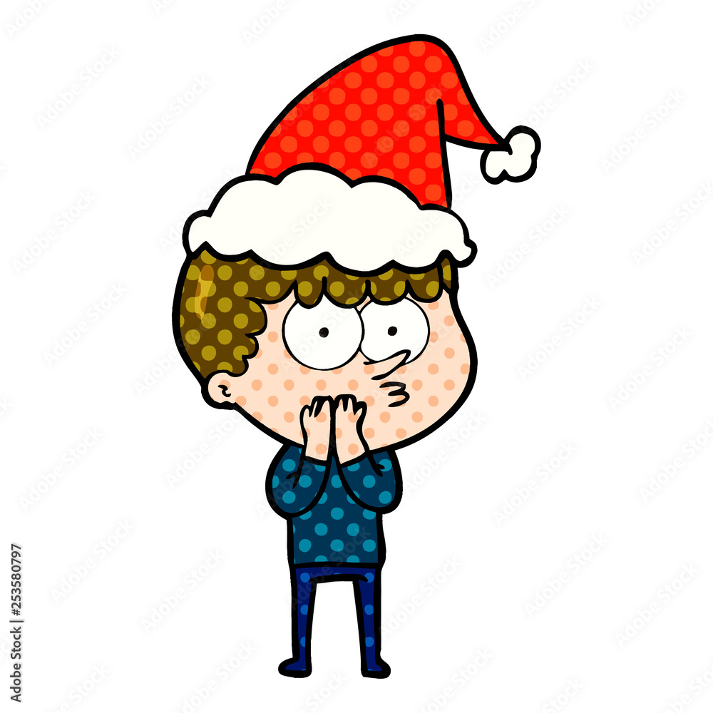 comic book style illustration of a curious boy wearing santa hat comic book style illustration of a curious boy wearing santa hat