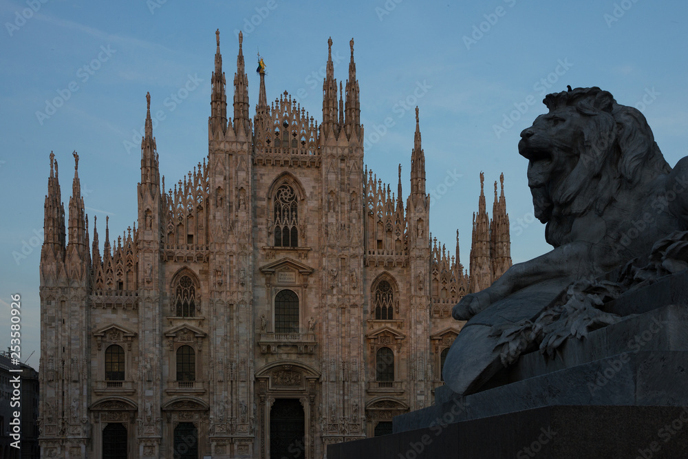 Milan Cathedral and lion sculpture, Italy, Lombardy