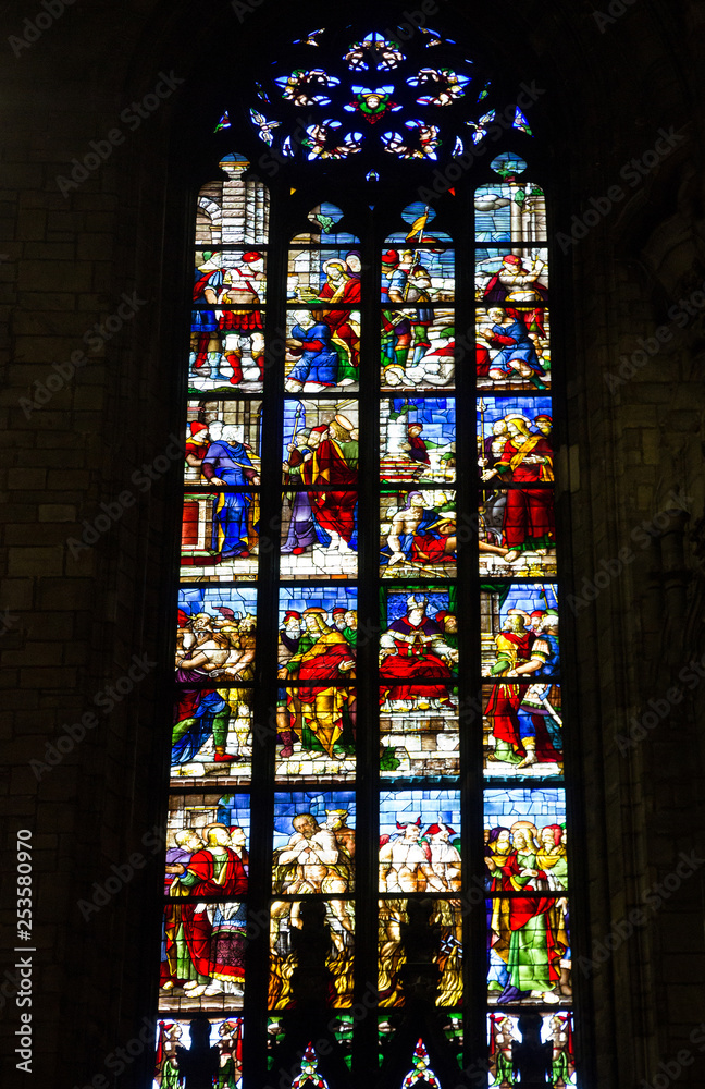 Milan, Italy: Cathedral church (Milano Duomo) interior stained-glass window.