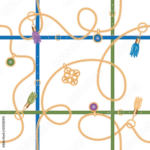 Seamless pattern with chains, belts, pendant and tassels. Colorful trendy jewelry print for fabric, scarf, cravat design. Vector