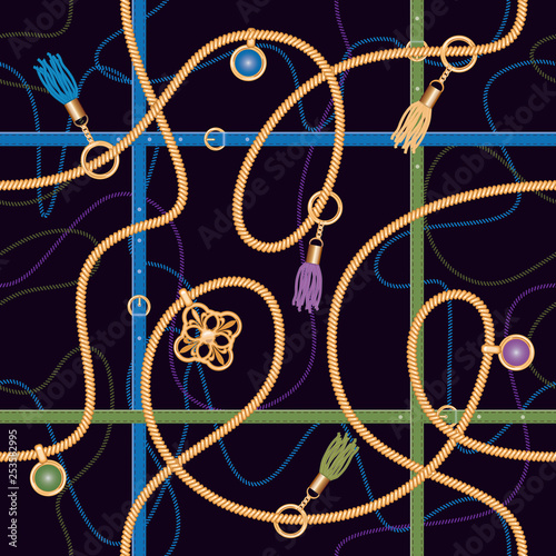 Seamless pattern with chains, belts, pendant and tassels. Colorful trendy jewelry print for fabric, scarf, cravat design. Deep blue color. Vector