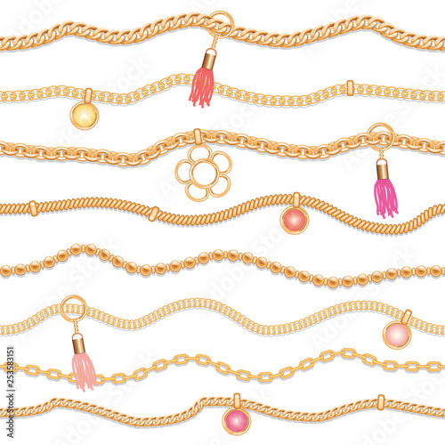 Seamless pattern with jewelry elements, pendants and tassels. Chains can be used separately as brushes for design. Girly. Vector