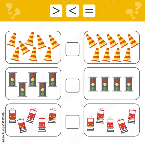 Learning mathematics, numbers - choose more, less or equal. Tasks for addition for preschool children, worksheet for kids. Count game - road signs