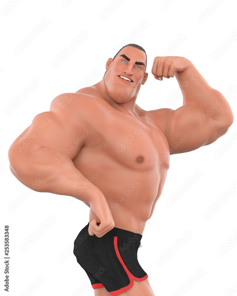 muscle man cartoon in an white background