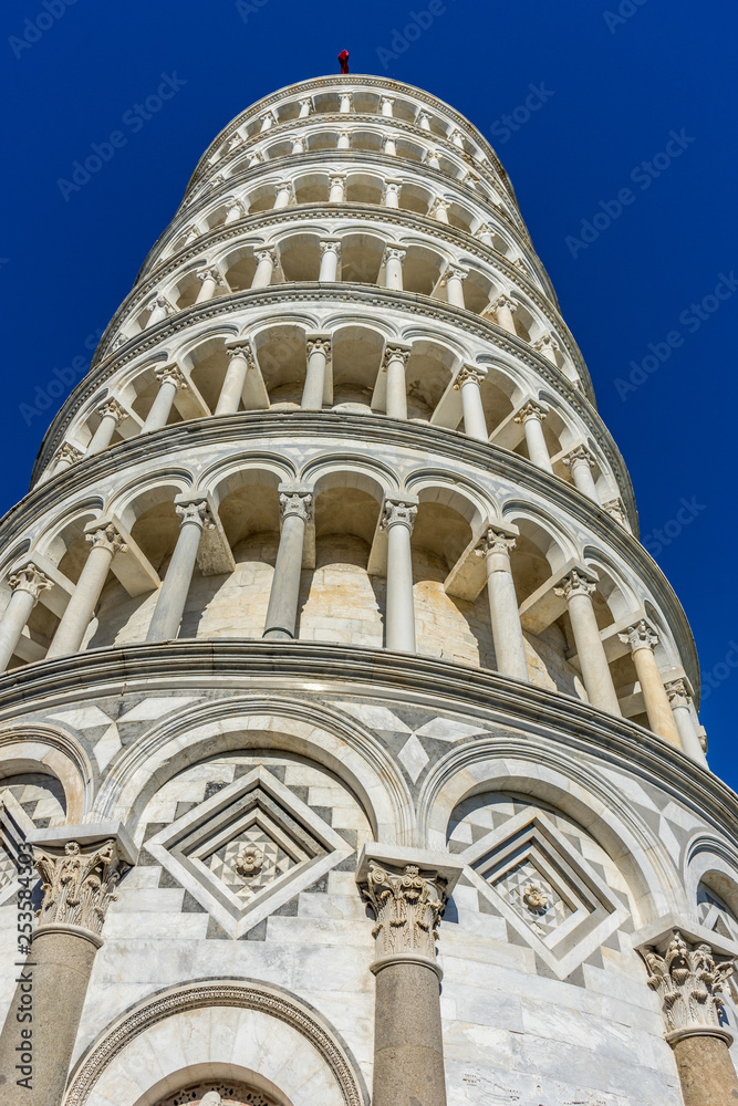 The leaning tower of pisa at Piazza del Miracoli Duomo square,Camposanto cemetery in Tuscany, Italy