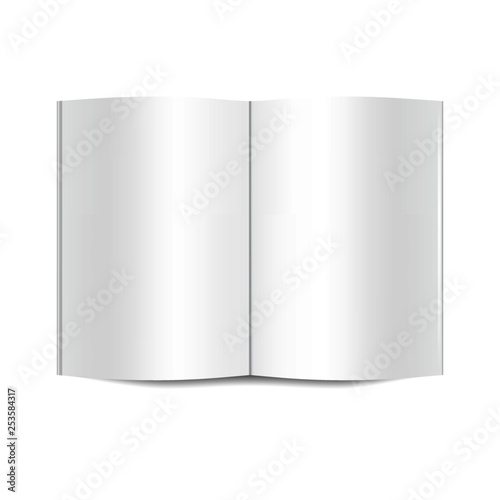 Vector mock up of open white blank book isolated on white background. Horizontal realistic magazine, booklet, brochure or notebook template for your design. In front side of book.