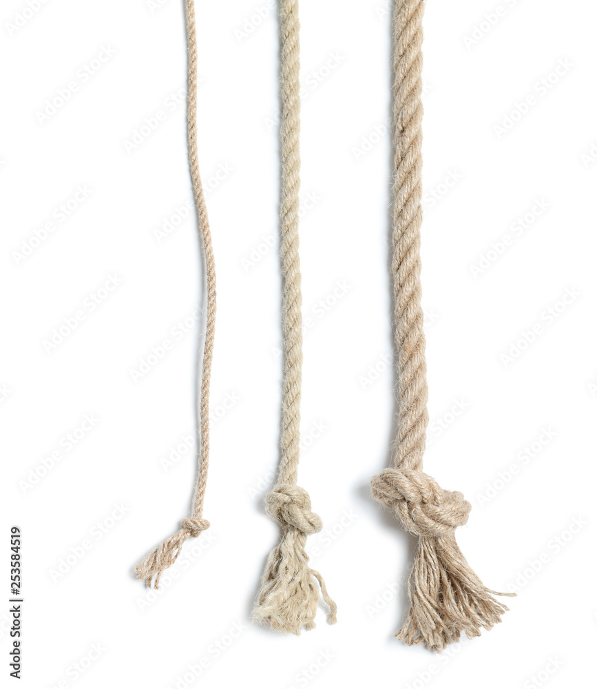 Different cotton ropes with knots on white background - obrazy, fototapety, plakaty 