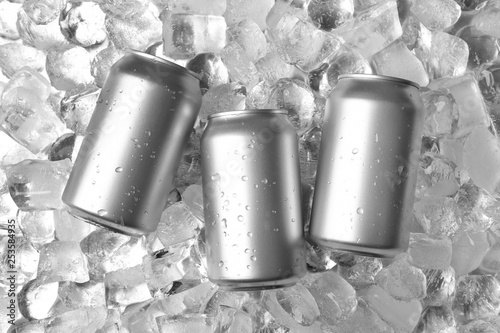 Tin cans on ice cubes, flat lay
