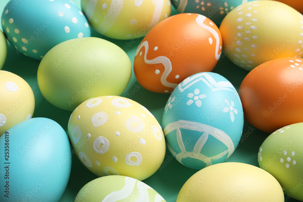 Many beautiful painted Easter eggs as background, closeup Many beautiful painted Easter eggs as background, closeup