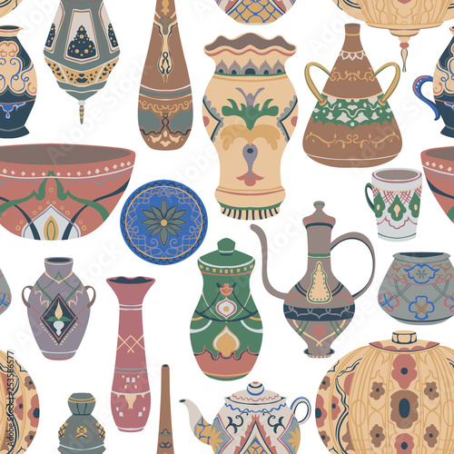 Seamless pattern with traditional Arabic utensils collection. Oriental dishes, pots, lantern, bowl, plates, pottery, ceramic with national floral ornament. Vector illustration	
