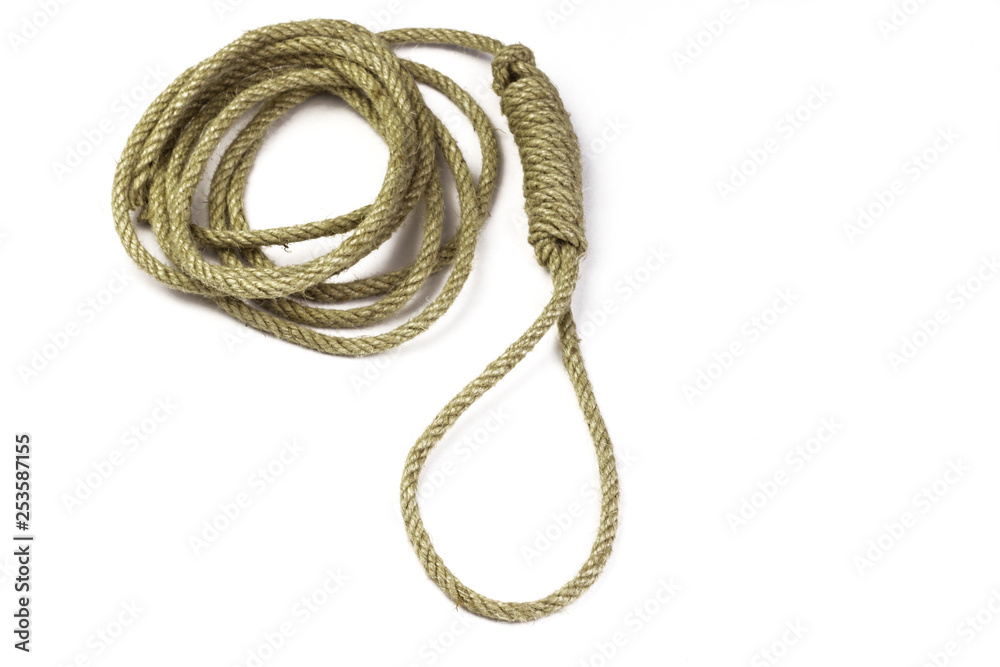  Gallows. Roll of a thin rope with a loop for hanging. Rope knotted in noose.