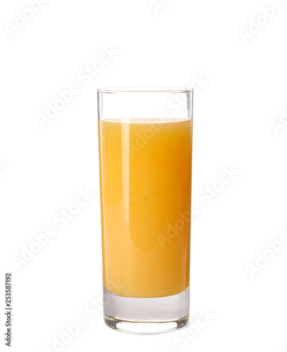 Glass of orange juice on white background