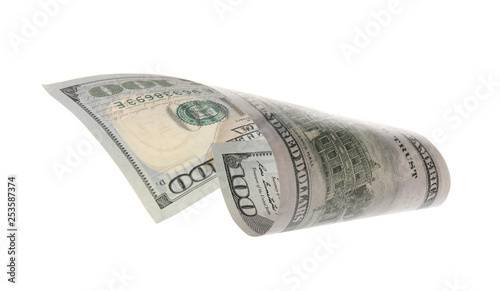 One hundred dollar banknote on white background. American national currency