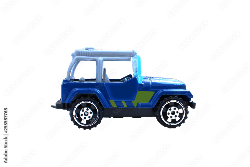 Blue toy plastic jeep. Isolated on white.
