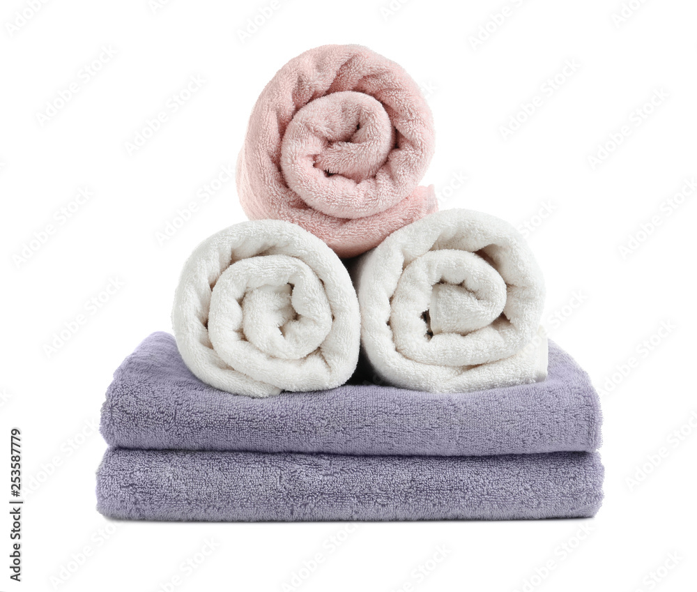 Clean soft terry towels on white background
