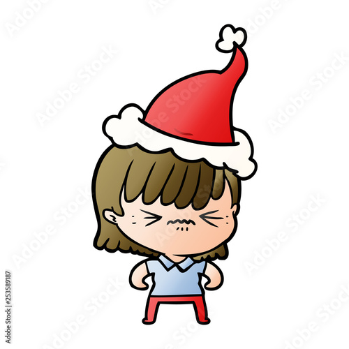 annoyed gradient cartoon of a girl wearing santa hat