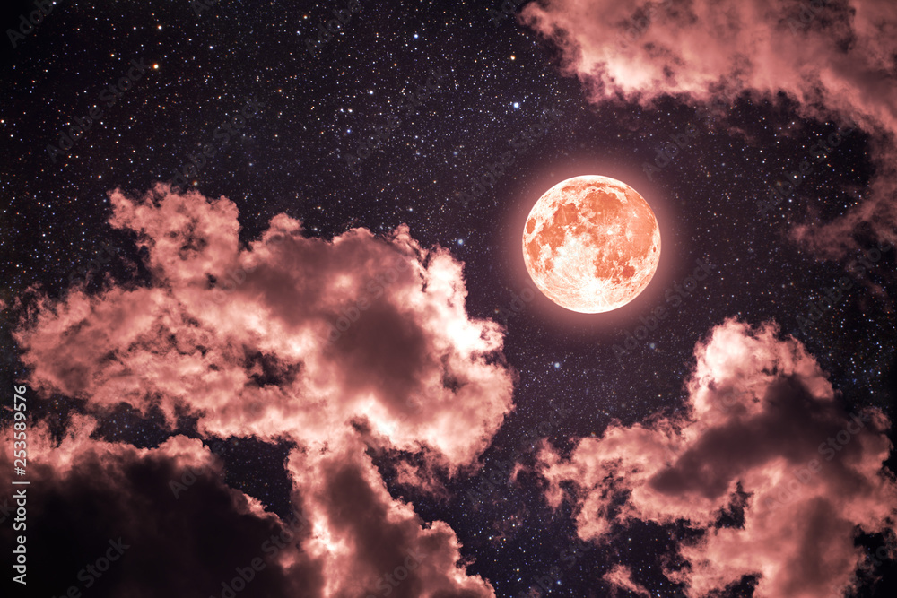 backgrounds night sky with stars and moon and clouds. Coral color.