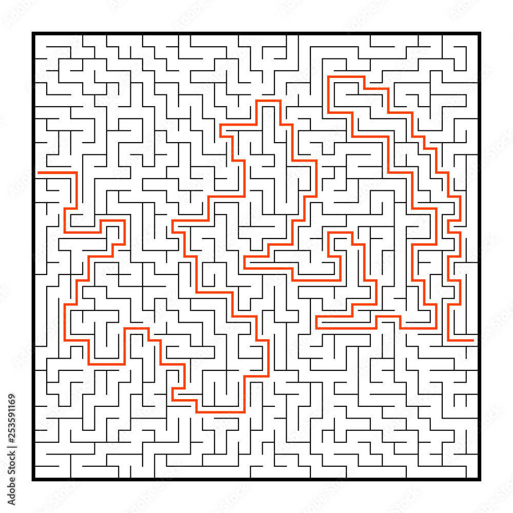 Abstract square maze. Game for kids. Puzzle for children. One entrance, one exit. Labyrinth conundrum. Flat vector illustration isolated on white background. With answer. Abstract square maze. Game for kids. Puzzle for children. One entrance, one exit. Labyrinth conundrum. Flat vector illustration isolated on white background. With answer.