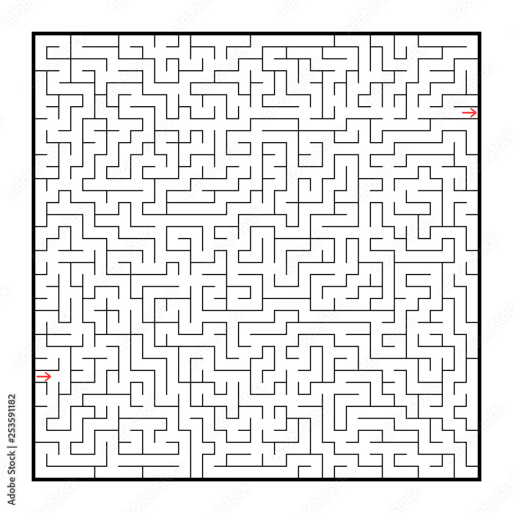 Difficult large square maze. Game for kids and adults. Puzzle for children. Labyrinth conundrum. Flat vector illustration isolated on white background.