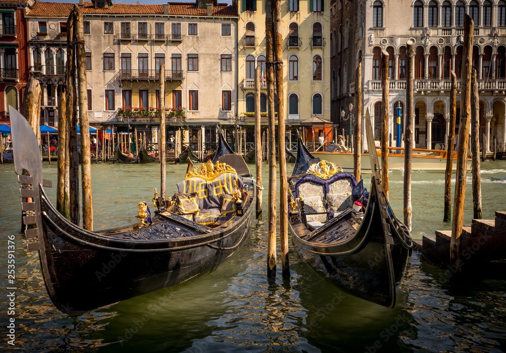 The gondolas parked along the grand canal Venice Design in Venice, Italy