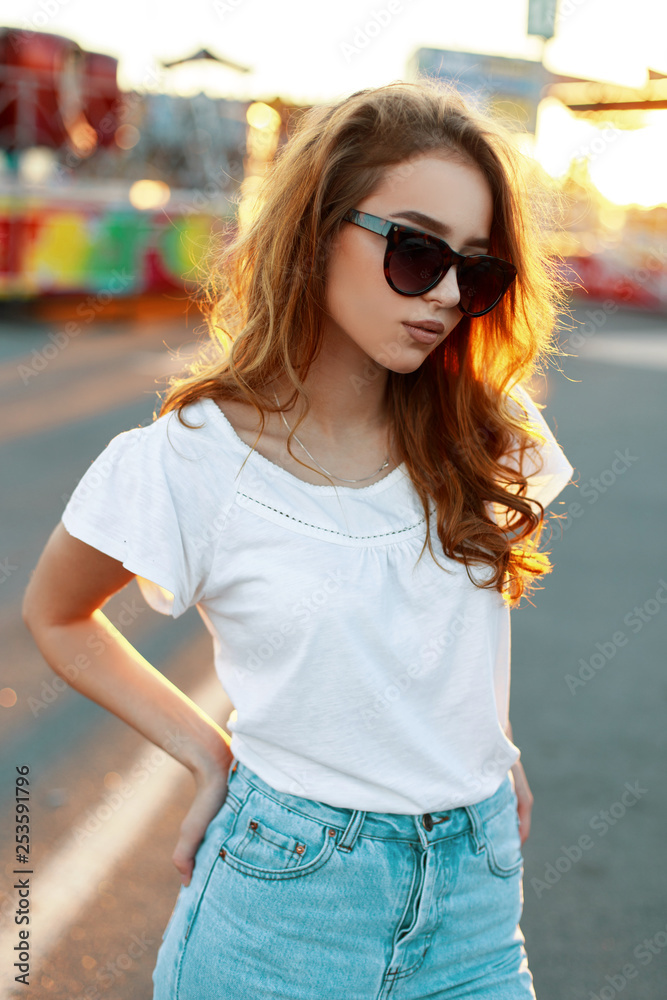 Fashionable Young Cute Teen in Sunglasses Aesthetic Portrait Stock