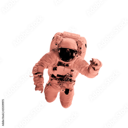 astronaut in pastel coral color on a blue background