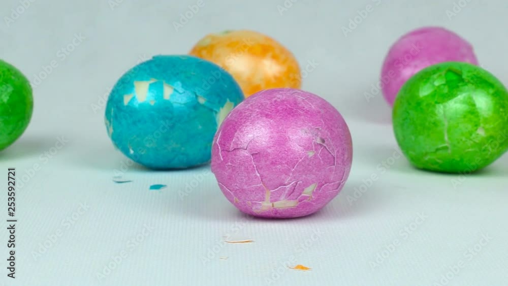 Painted colored eggs after Easter game during Pascha or Resurrection Sunday, broken eggshell Painted colored eggs after Easter game during Pascha or Resurrection Sunday, broken eggshell