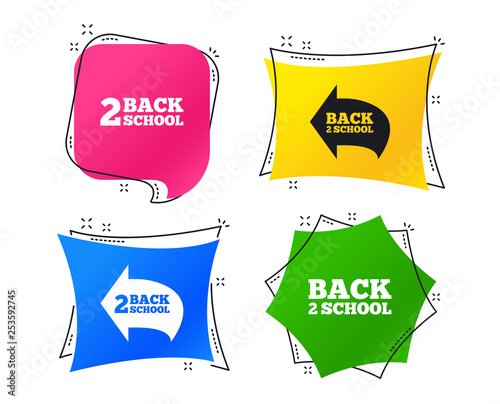 Back to school icons. Studies after the holidays signs symbols. Geometric colorful tags. Banners with flat icons. Trendy design. Vector