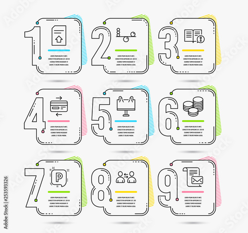 Infographic template with numbers 9 options. Set of Tips, Communication and Road banner icons. Facts, Balance and Parking signs. Credit card, Upload file and Mail letter symbols. Vector