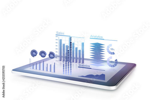 Diagrams concept with tablet 3d illustration