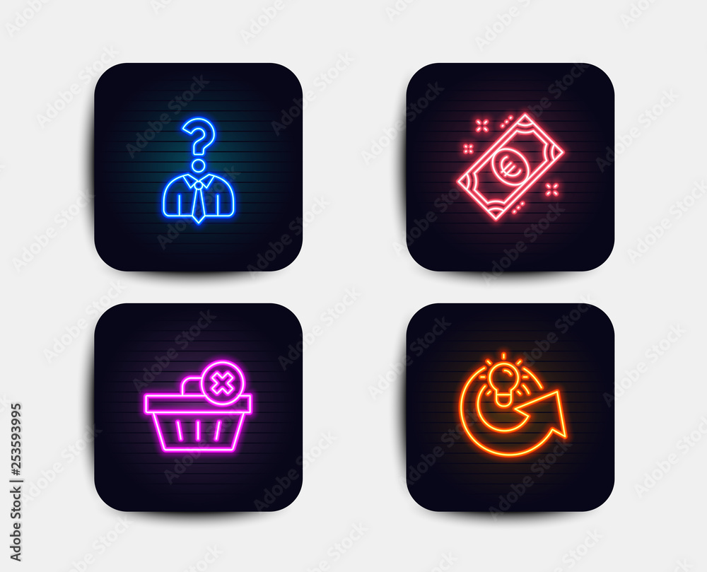 Neon glow lights. Set of Delete order, Hiring employees and Euro money icons. Share idea sign. Clean basket, Human resources, Cash. Solution.  Neon icons. Glowing light banners. Vector