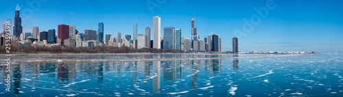 Chicago Skyline frozen lake Michigan reflections banner panorama © manphibian