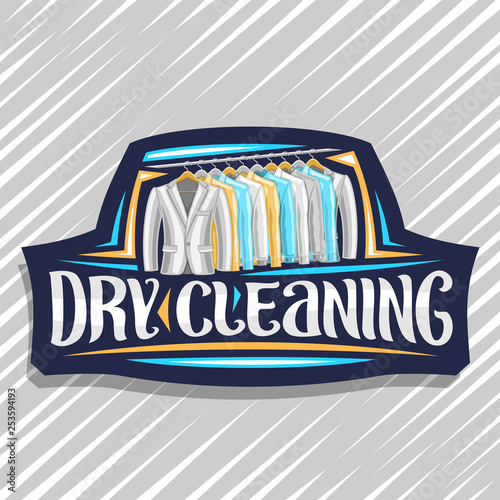Vector logo for Dry Cleaning, blue decorative tag with illustration of modern blazers and yellow shirts hanging on hanger, original brush typeface for word dry cleaning on grey abstract background.