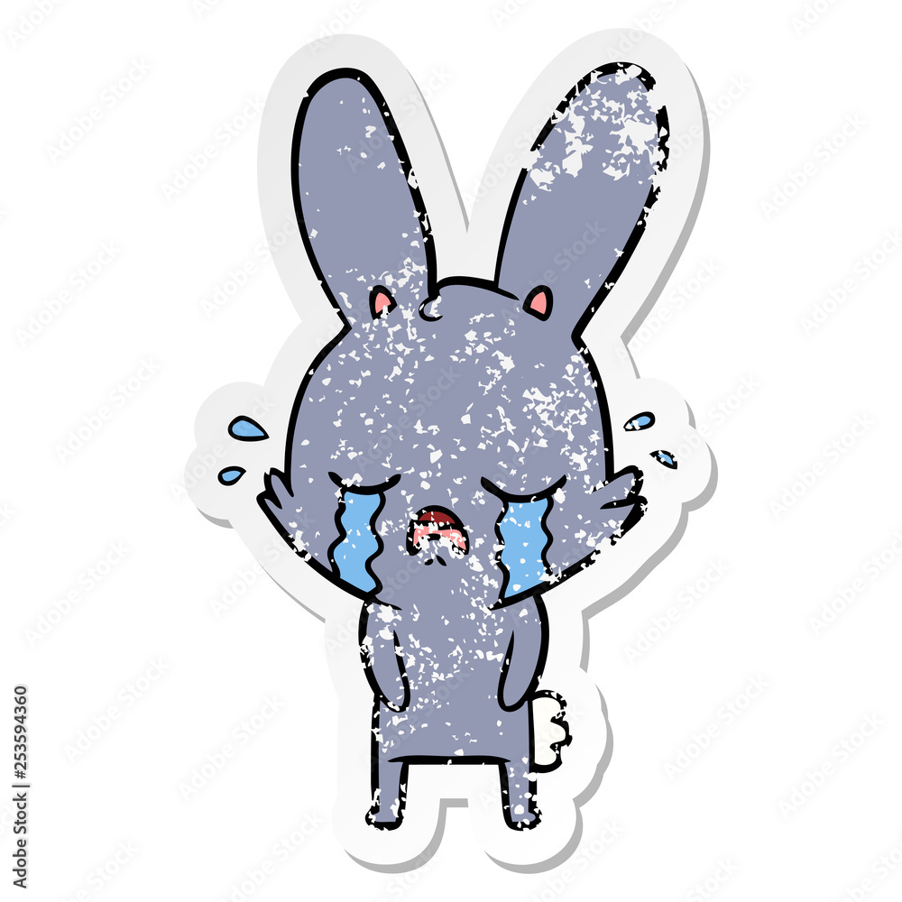 distressed sticker of a cute cartoon rabbit crying distressed sticker of a cute cartoon rabbit crying